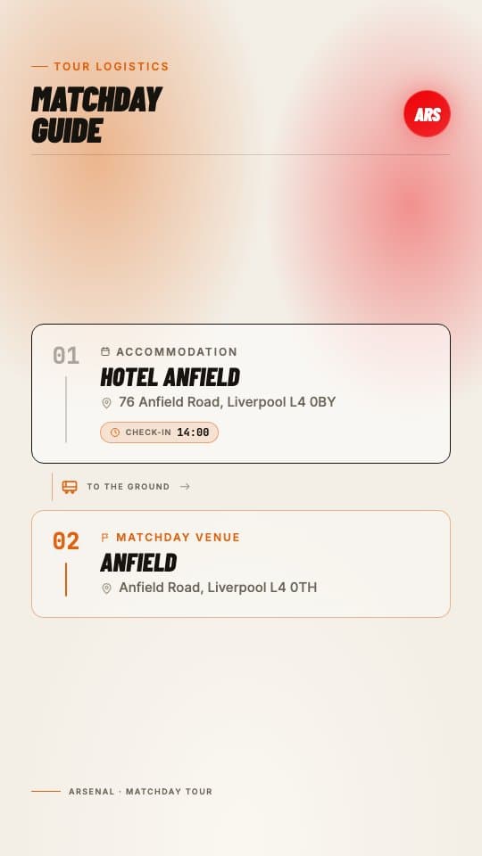 Hotel & Venue Card football graphic template — Tour logistics with hotel and stadium details