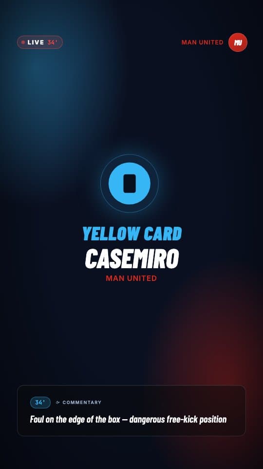 Live Commentary Card football graphic template — Match event card with type icon and description